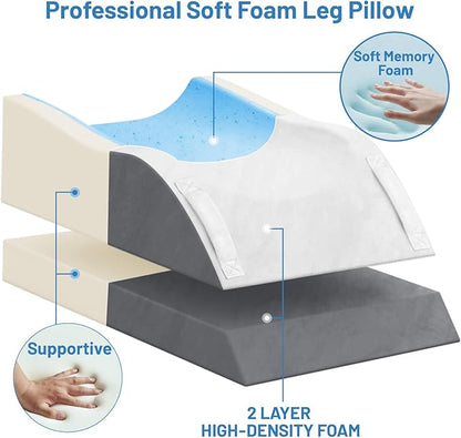 Double Leg Elevation Pillows, Wedge Pillow for After Surgery, Memory Foam Support Adjustable, Comfort Care for Back Knee Hip Ankles Pain, Knee Pillow for Sleeping Blood Circulation Dark Grey & White