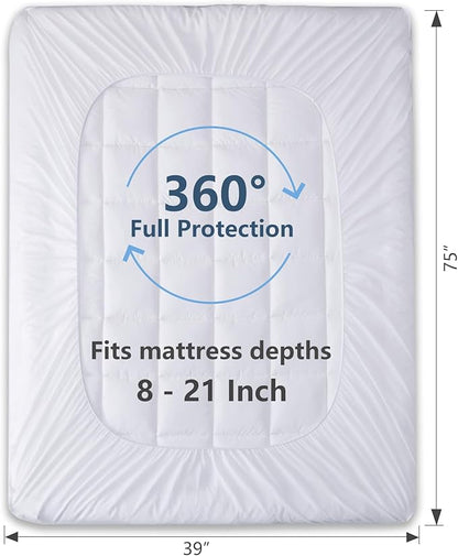CozyLux Twin Extra Long Size Mattress Pad Pillow Top Cotton Cooling Twin XL Mattress Topper 8-21" Deep Pocket Mattress Cover Quilted Fitted Cooling 450GSM Mattress Protector (39x80 inch,White)