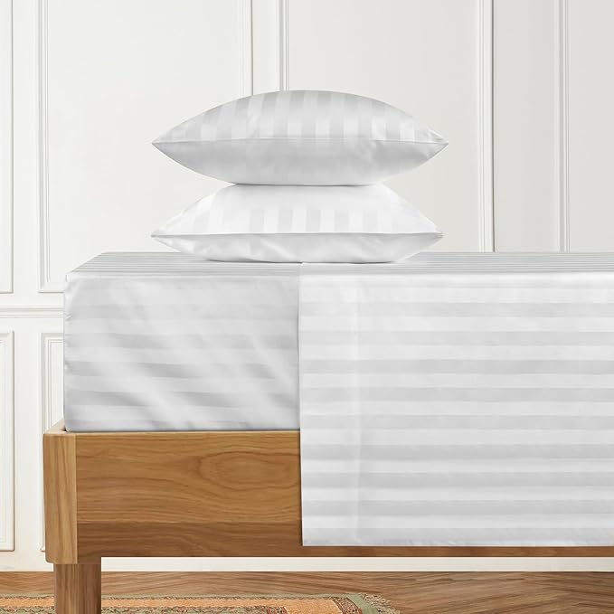 URBANHUT 1000 Thread Count Egyptian Cotton Sheets Damask Striped Queen Size, Long Staple Soft & Breathable, 4 Pc Bed Sheet Sets, Luxury Hotel Sateen Sheets Fits 16" Deep Pocket - White
