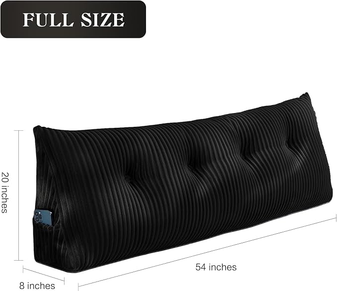 SLIGUY Large Headboard Pillow, Headboard Wedge Pillow Bed Rest Reading Pillow Bolster Triangular for Sitting in Bed-Backrest Positioning Support Long Pillow for Daybed (Full: 54x8x20 Inches,Black)