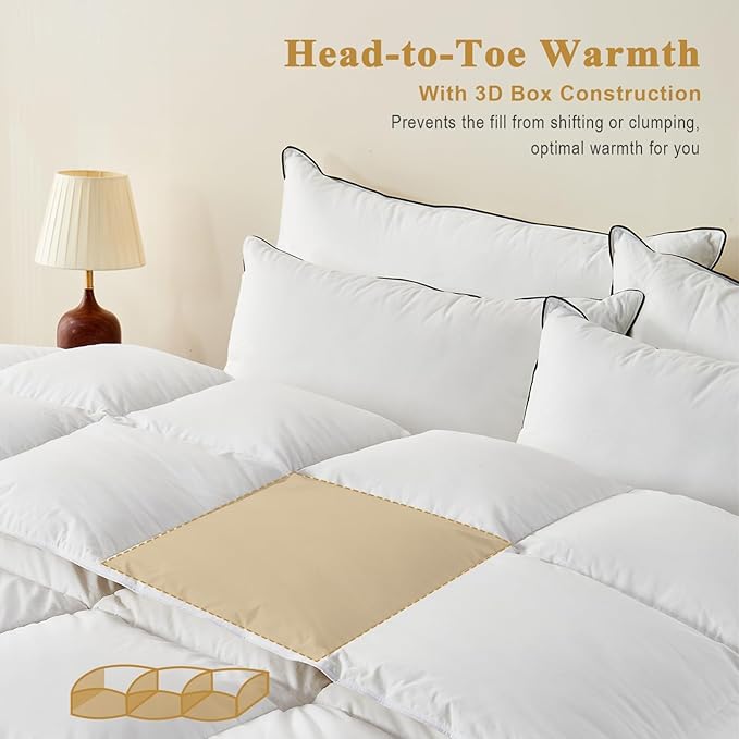 100% Organic Feather Down Comforter Twin Size, Luxury Extra-Fluffy Duvet Insert, All Season Bed Comforter with Ultra-Soft Organic Cotton Case (68x90 Inch, Ivory White)
