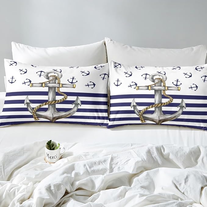 Castle Fairy Anchor Comforter Cover Twin Size, Blue Ocean Navigation Theme Print Duvet Cover Set for Kids Boys Bedroom Present, Dark Blue and White Stripes Decorative Bedding Set with 1 Pillowcase