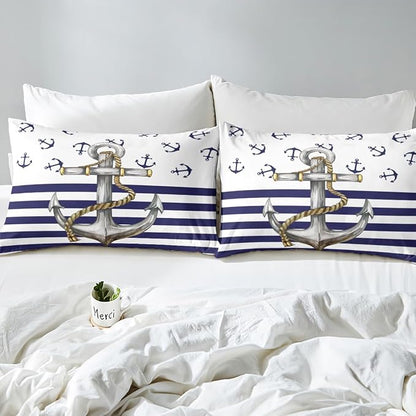 Castle Fairy Anchor Comforter Cover Twin Size, Blue Ocean Navigation Theme Print Duvet Cover Set for Kids Boys Bedroom Present, Dark Blue and White Stripes Decorative Bedding Set with 1 Pillowcase