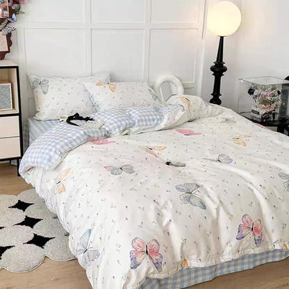 Butterfly Duvet Cover Queen Size Blue White Gingham Bedding Set 3 Pcs Kids Boys Girls Striped Spring Floral Butterflies Comforter Cover with Zipper Closure & Corner Ties