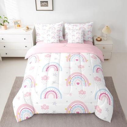 Feelyou Cute Rainbow 7 Piece Bedding Set Pink Blue Comforter Set with Sheets for Kids Boys Girls Star Print Bed in a Bag Cartoon Cute Bed Set Soft Lightweight