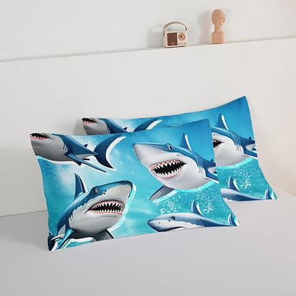 HOSIMA Teens Shark Print Bedding Sets King Size,Shark Swimming in The Underwater World Pattern Comforter Sets for Kids Boys Girls,Ocean Animal Theme Comforter Sets with Two Pillowcases.