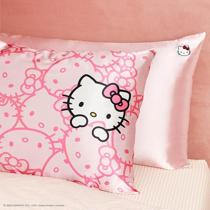 Kitsch x Hello Kitty Pillow Case – Pink Kitty Faces Toddler Bed Time Satin Pillowcase with Zipper – Soft Cooling Pillow Cover for Hair & Skin – Better Than Silk Pillowcase - King Size 19x36