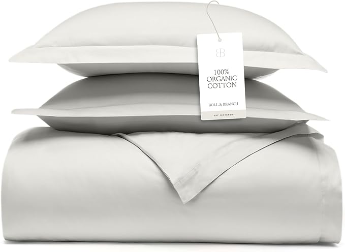 BOLL & BRANCH Signature Hemmed Duvet Set - Twin/Twin XL, Mist - Luxury 100% Organic Cotton - 1 Duvet Cover, 2 Shams - Buttery Soft, Hidden Closures