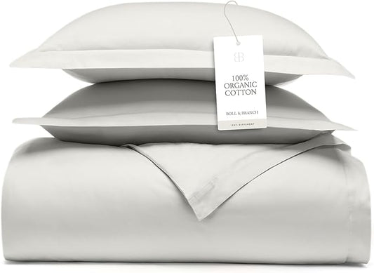 BOLL & BRANCH Signature Hemmed Duvet Set - Twin/Twin XL, Mist - Luxury 100% Organic Cotton - 1 Duvet Cover, 2 Shams - Buttery Soft, Hidden Closures