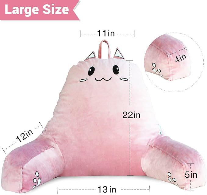 SUNSIDE Reading Pillow for Sitting in Bed, Cute Back Pillows for Adult, Shredded Memory Foam Bed Rest with Arms, Cat Design Bed Pillow, Relaxing, Watching TV, Gaming