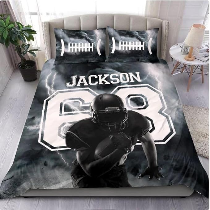 Personalized American Football Bedding Set, Kids 3 Piece Duvet Cover Set with Pillow Shams for Teens Boys, NO Comforter, Twin Size for Rugby Lovers (Football 06)