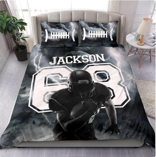 Personalized American Football Bedding Set, Kids 3 Piece Duvet Cover Set with Pillow Shams for Teens Boys, NO Comforter, Twin Size for Rugby Lovers (Football 06)