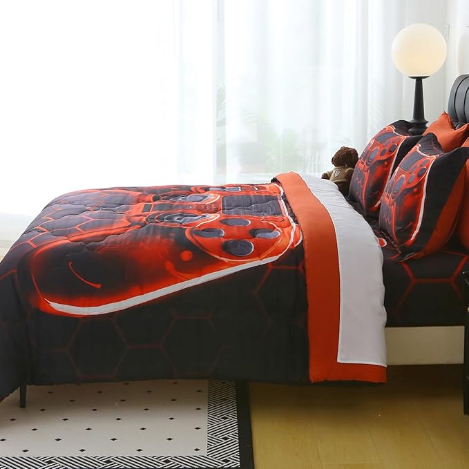 Wajade Game Console Comforter Set for Boys 7 Piece Orange 3D Gaming Geometric Bedding Sets for Kids Twin Size as Birthday with Comforter, Sheet Set, Pillowcase and Sham