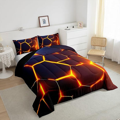 Honeycomb Print Bedding Set Red Black Fire Hexagonal Pattern Comforter Set for Kids Boys Girls Teens Beehive Geometrical Comforter Breathable Simplistic Duvet Set Room Decor Quilt Set Queen Size