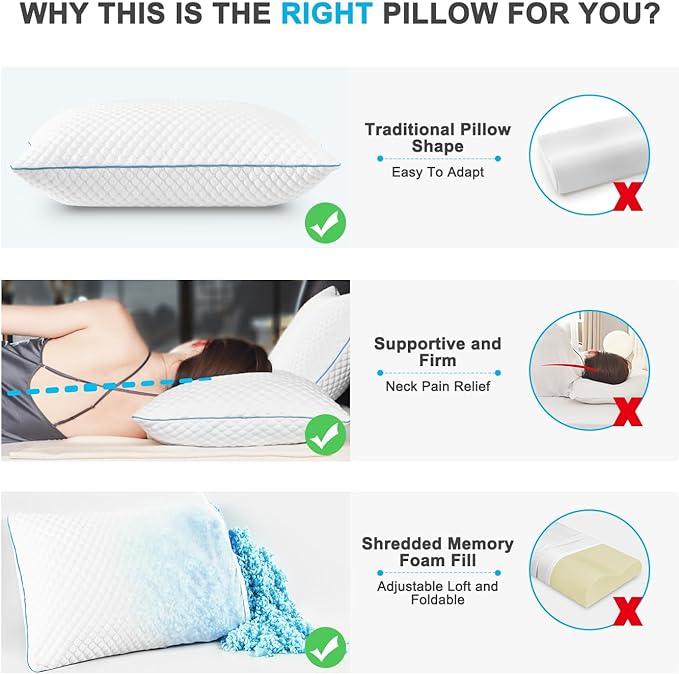 VVZ Cooling Bed Pillows Standard Size Set of 2,Shredded Memory Foam Pillows with Gel, Adjustable Firmness for Side, Back, Stomach Sleepers, 20x26, White