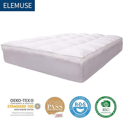 ELEMUSE Cal King Size Extra Thick Fusion Goose Down Feather Filled Mattress Topper, Plush Fluffy Double Layer Pillowtop Mattress Pad Cover, Soft Featherbed with 8-21 Inch Deep Pocket