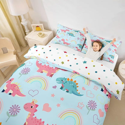 Kawaii Dino Duvet Cover Set Twin Size,Cute Rainbow Floral Love Heart Reversible Comforter Cover (Not Comforter),Blue Pink Dinosaur Cartoon Animal Polyester Bedding Set Bedroom Decor, 2 Pcs