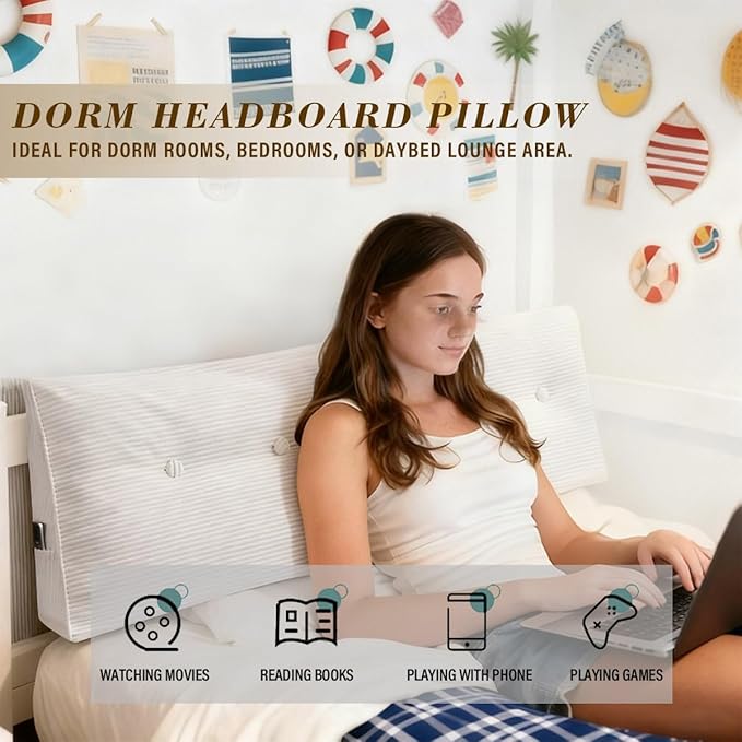 Wedge Headboard Pillow for Bed, King Dorm Headboard Support for Sitting Up Reading, Relaxing, Removable Washable Corduroy Cover, Polyester and Shredded Foam Filling, White