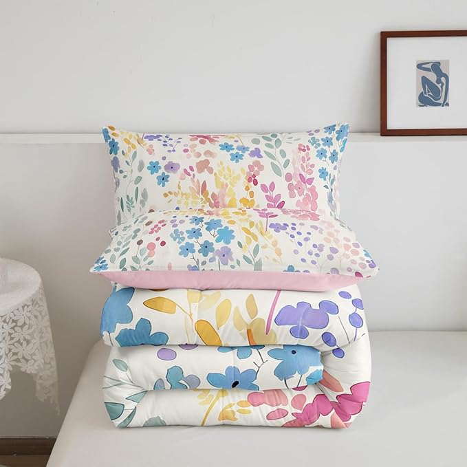 Erosebridal Colorful Flower Comforter Set Full Size,Cute Boho Blue Floral Bedding Set for Kids Girls Boys Room Decor,Rustic Wildflower Quilt Bed Set Watercolor Flowers Bed Comforter Set 3Pcs