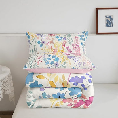 Erosebridal Colorful Flower Comforter Set King Size,Cute Boho Blue Floral Bedding Set for Kids Girls Boys Room Decor,Rustic Wildflower Quilt Bed Set Watercolor Flowers Bed Comforter Set 3Pcs