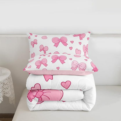 jejeloiu Pink Bowknot Comforter Set Full Size Cartoon Bow Bedding Set for Kids Boys Girls Cute Love Heart Duvet Quilt White Pink Bedroom Decor Microfiber 3 Pcs with 2 Pillow Cases