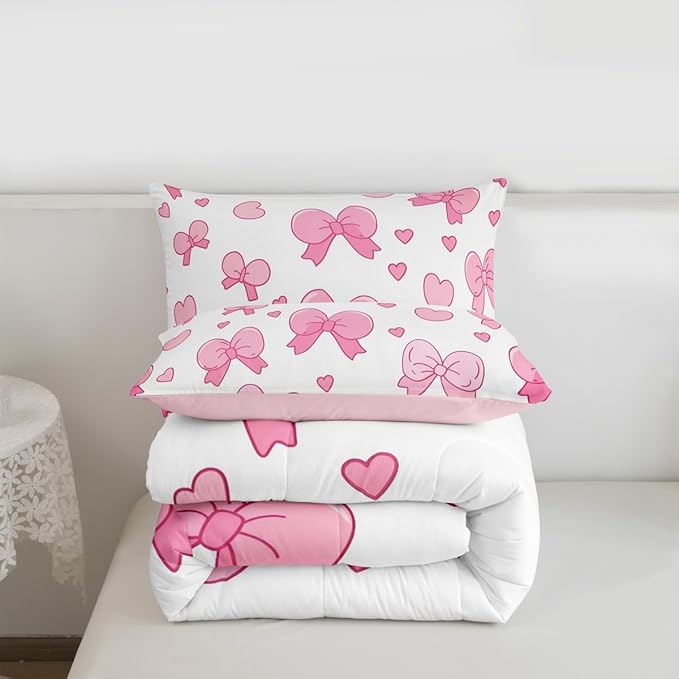 jejeloiu Pink Bowknot Comforter Set Toddler Size Cartoon Bow Bedding Set for Kids Boys Girls Cute Love Heart Duvet Quilt White Pink Bedroom Decor Microfiber 2 Pcs with 1 Pillow Cases