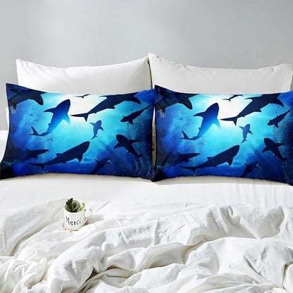 Castle Fairy Shark Dolphin Fish Silhouette Duvet Cover Queen for Children,Blue Deep Ocean Themed Bedding Set Room Decor Gift Comforter Cover,Underwater World Quilt Cover with 2 Pillowcases, 3pcs Soft