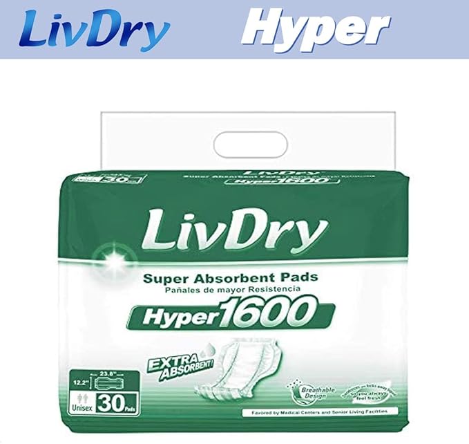LivDry High Absorbency Pad Insert for Incontinence Briefs and Adult Diapers, Women and Men, Hyper 1600 (120 Count)
