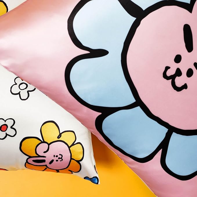 Kitsch x BT21 Satin Pillowcase with Zipper – Better Than Silk Pillowcase, Cooky Character & Funky Floral Print – Soft Cooling Toddler Bed Time Pillow Case for Hair & Skin – King Size 19x36