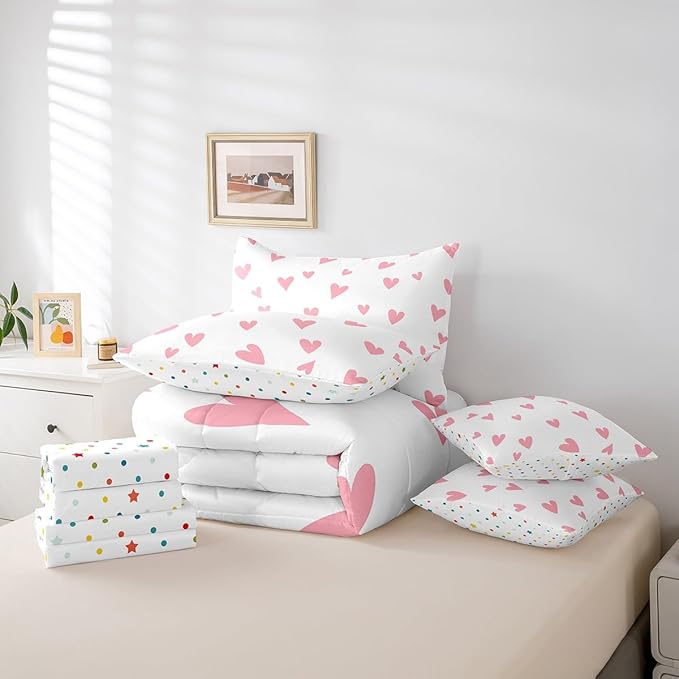 Feelyou Girls Cute Love Heart Comforter Set with Sheets 7 Piece Full Size Kids Lovely Warm Sweet Bed in a Bag Love Heart Pattern Bedding Set Breathable Valentine's Day Pink Bed Set Room Decor