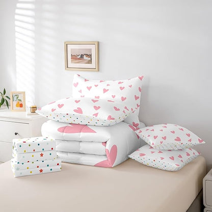 Feelyou Girls Cute Love Heart Comforter Set with Sheets 7 Piece Full Size Kids Lovely Warm Sweet Bed in a Bag Love Heart Pattern Bedding Set Breathable Valentine's Day Pink Bed Set Room Decor