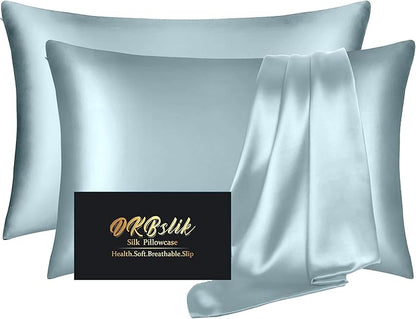 Silk Pillowcase 2 Pack, Mulberry Silk Pillow Cases Queen Size Set of 2, Anti Acne Silk Pillowcase for Hair and Skin, Natural Silk Satin Pillowcases Gifts for Women Men 2 Pack with Zipper, Aqua Blue