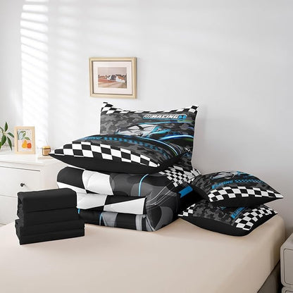 Feelyou Blue Racing Car 7 Piece Bedding Set King Size Kids Boys Speed Race Car Comforter Set with Sheets for Teens Toddler Extreme Sports Bed in a Bag Camouflage Bed Set