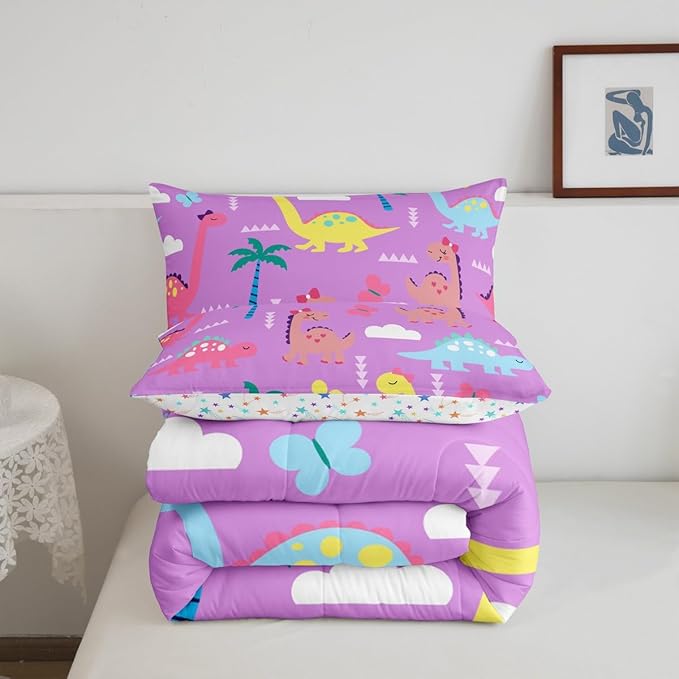 Castle Fairy Kawaii Dino Kids Comforter Set King Size,Cartoon Dinosaur Wild Animal Reversible Quilted Duvet with 2 Pillowcases Lovely Cloud Coconut Tree Purple Comforter for Boys Teens Bedroom