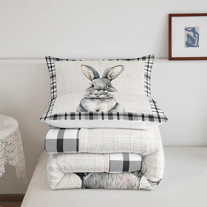 Castle Fairy Cute Rabbit Pattern Full Size Comforter Set,Black White Grid Stripes Bedding Set for Adults Teens,Children Lovely Animal Comforter Luxury Farmhouse Quilt Set Room Decor 3Pcs