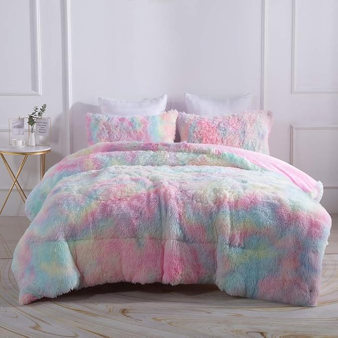 Wajade Faux Fur Plush Rainbow Comforter Set Fluffy Fuzzy Shaggy Bedding Set - 3PC Full/Queen Microfiber Soft Warm Quilt Set
