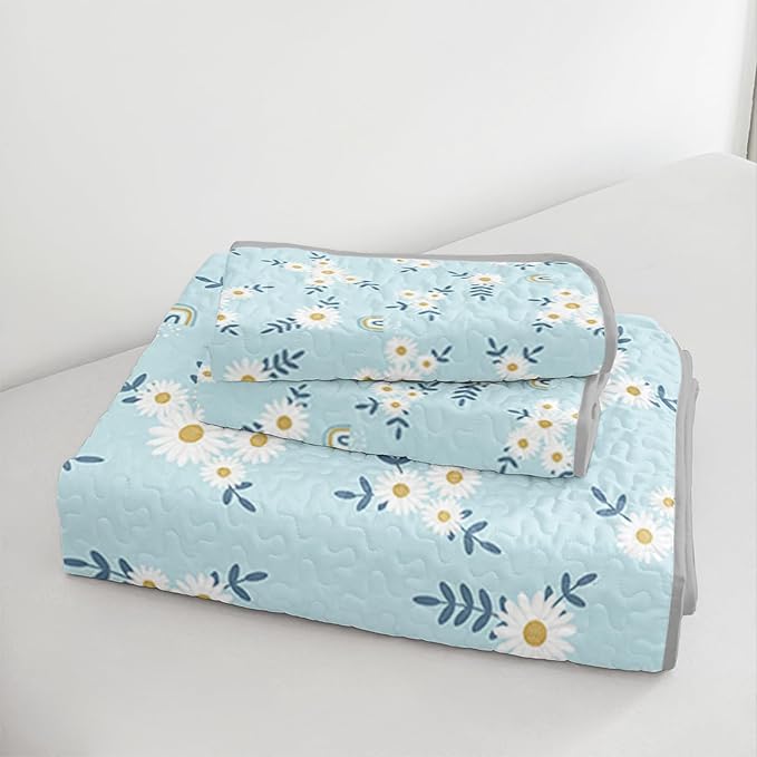 QOOMO Daisy Quilt Set King Size,Rainbow Bedspread Coverlet Set,Floral 3Pcs Bedding Set Printed Quilt with 2 Pillowcases,Soft and Lightweight,for All Seasons