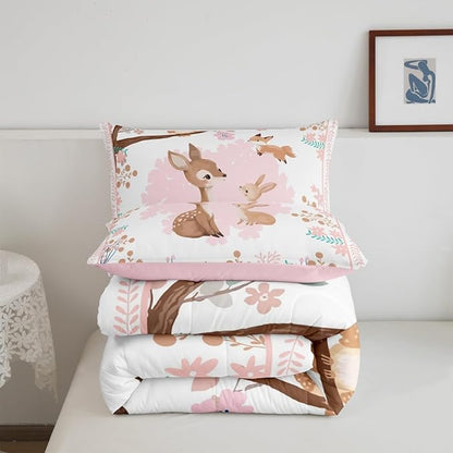 jejeloiu Cute Sika Deer Bedding Set Queen Size Pink Flower Comforter Set for Kids Boys Girls Fairytale Theme Duvet Set Kawaii Owl Quilt Set 3Pcs
