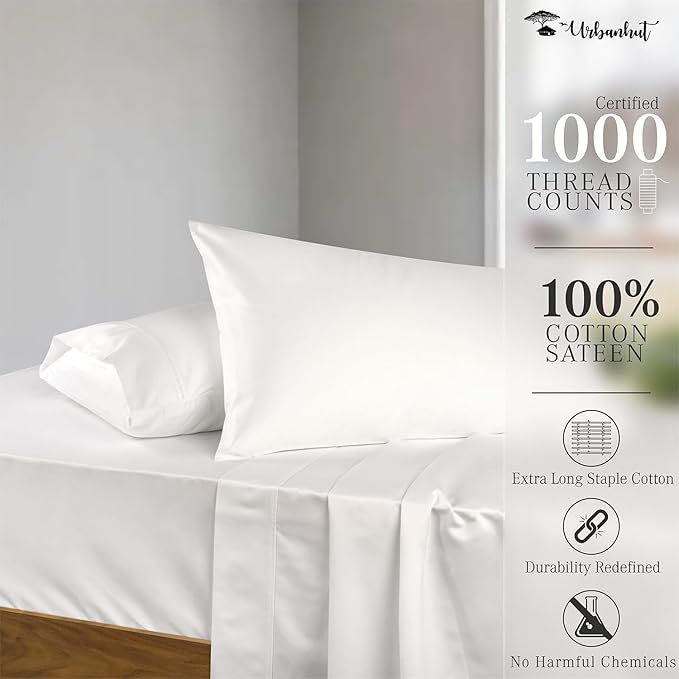 URBANHUT 1000 Thread Count Egyptian Cotton Sheets California King Size, Long Staple Soft & Breathable, 4 Pc Bed Sheet Sets, Luxury Hotel Sateen Sheets Fits 16" Deep Pocket - White