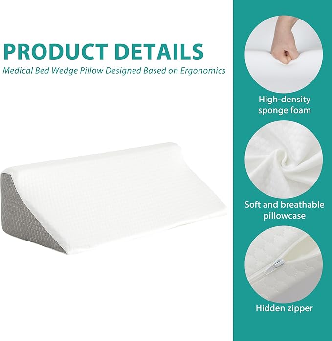 Bedluxe Wedge Pillow for Side Sleeping, Comfort Foam Back Pillow for Side Sleeper, Bed Wedges & Body Positioners for After Surgery, Pregnancy Support, Back Pain, Preventing Bedsores, White/Grey