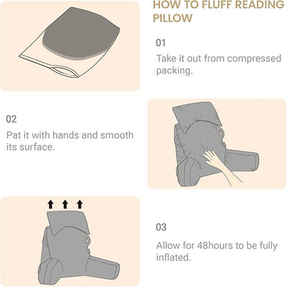Portable Reading Pillows with Headrest for Bed Sitting Up(Camel Oeko-Tex), Velvet Back Pillow with Arms & Pockets for Adults, Support Memory Foam Bed Pillow for Dorm/Reading/Watching/Gaming