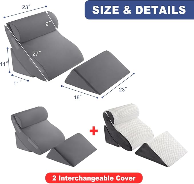 4PC Orthopedic Bed Wedge & BBL Surgery Pillow Set - Memory Foam Support for Buttocks/Back/Legs, Post Surgery Sleeping System with Adjustable Angles, Contains 2 Washable Pillowcases, Gray&White Grey