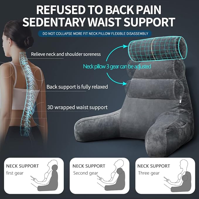 Extra Large Reading Pillow for Sitting in Bed Adult with Detachable Neck Support Cushion & Backrest Pillow for Bed with Arms and Side Pocket Shredded Foam Back Pillow with Washable Cover