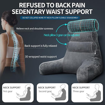 Extra Large Reading Pillow for Sitting in Bed Adult with Detachable Neck Support Cushion & Backrest Pillow for Bed with Arms and Side Pocket Shredded Foam Back Pillow with Washable Cover