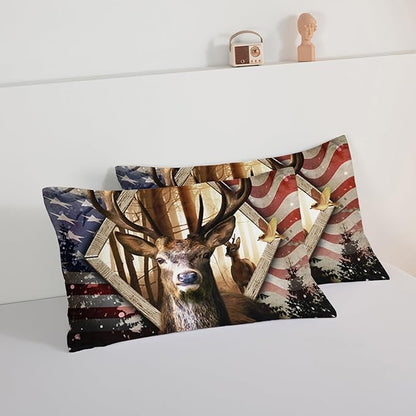HOSIMA Hunting Bedding Sets 3Pcs Deer Comforter with 2 Pillowcases,Western Farmhouse Animal Hunting Stars Stripes USA Flag King Size Comforter Set for Teen Boys Mens Bedroom Essentials.