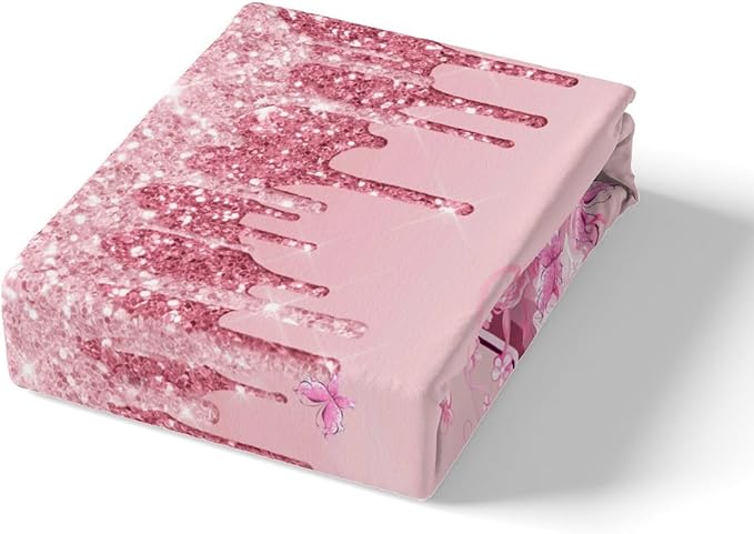 Feminine Pink Bedding Set Full Size,Paris Romantic Flowers Butterfly High Heels Duvet Cover for Girls Kids Woman Room Decor,Fantasy Glitter Comforter Cover Valentine Day Quilt Cover,2 Pillowcases
