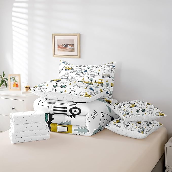 Feelyou Construction Comforter Set with Sheets 7 Piece Twin Size Cartoon Car Excavator Tractor Toddler Bedding Set Equipment Trucks Dinosaur Bed in a Bag Construction Vehicles White Yellow Bed Set