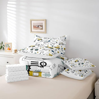 Feelyou Construction Comforter Set with Sheets 7 Piece Twin Size Cartoon Car Excavator Tractor Toddler Bedding Set Equipment Trucks Dinosaur Bed in a Bag Construction Vehicles White Yellow Bed Set