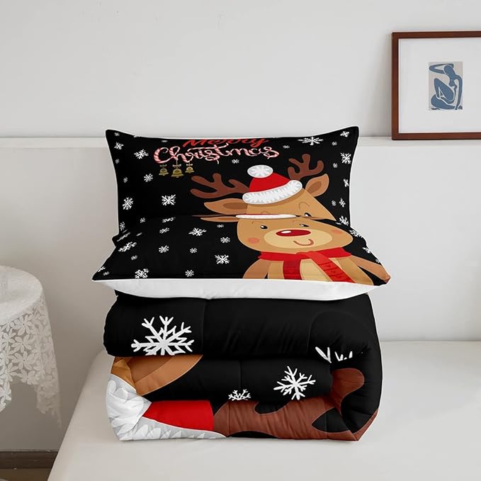 Cartoon Deer Reindeer Comforter Set Twin,Merry Christmas Bedding Set for Kids Boys Girls,Xmas Snowflake Duvet Insert Bedroom Decor,Happy New Year Gift Down Comforter with 1 Pillowcase Soft