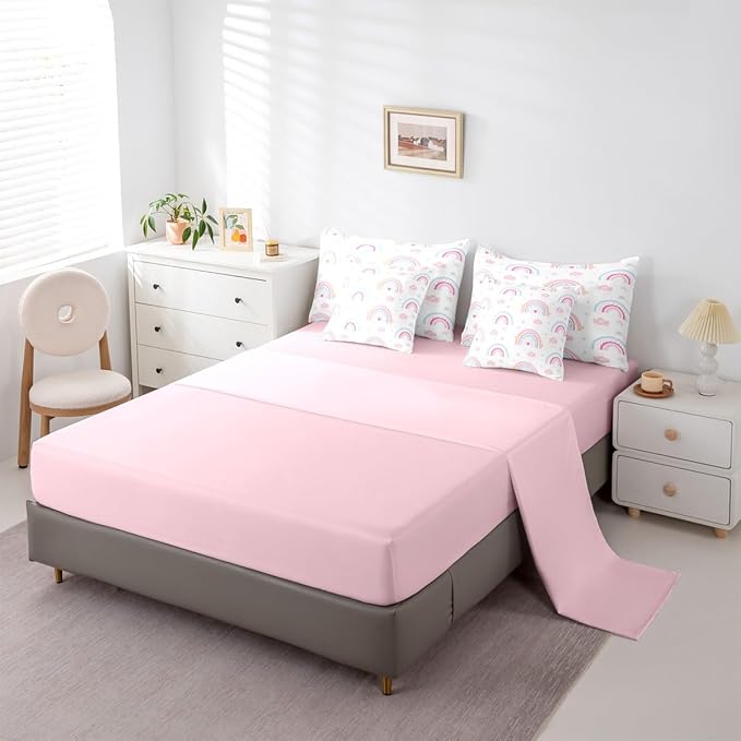 Feelyou Cute Rainbow 7 Piece Bedding Set Pink Blue Comforter Set with Sheets for Kids Boys Girls Star Print Bed in a Bag Cartoon Cute Bed Set Soft Lightweight
